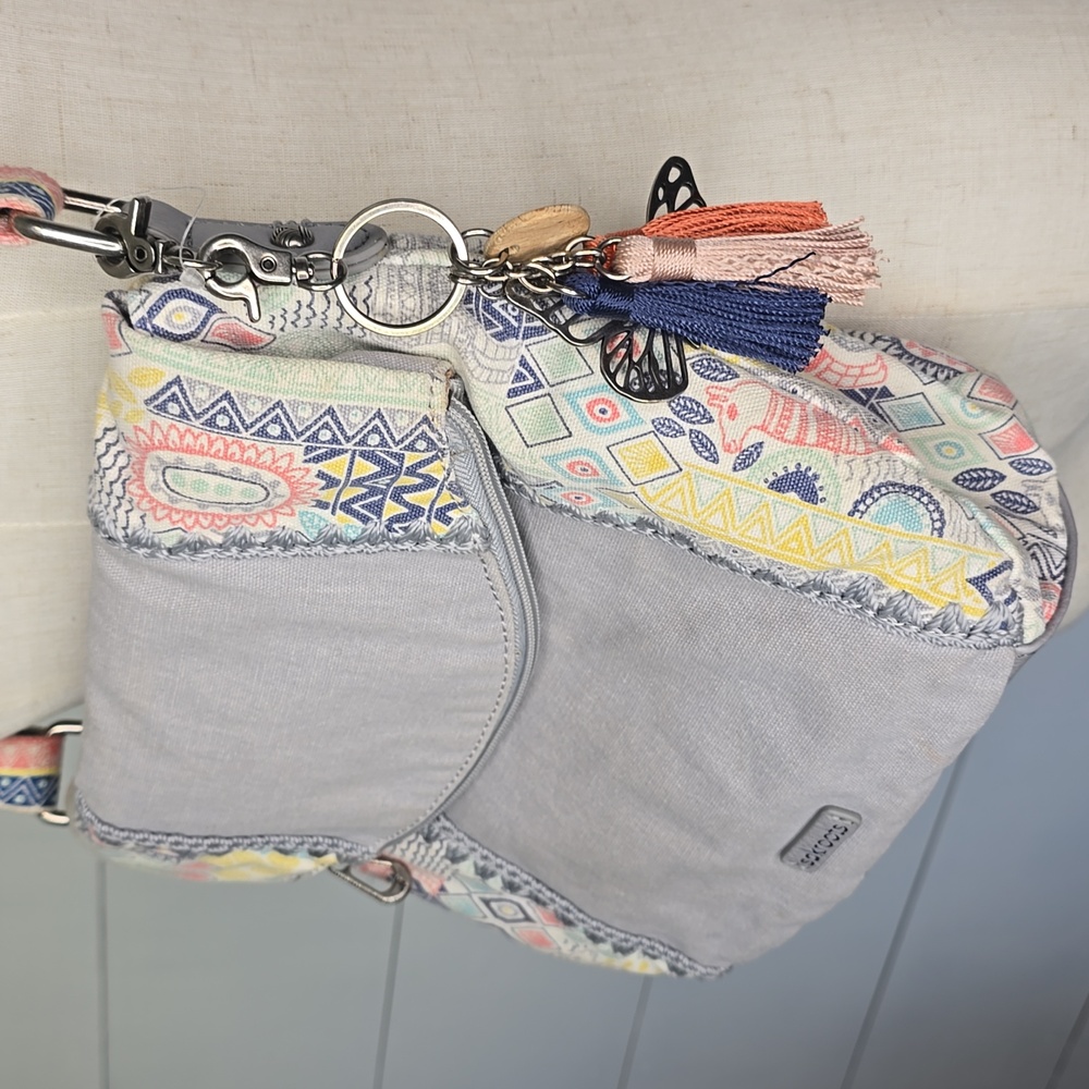 Sakroots Crossbody Bag Gray Multi Artist Circle Llama Foldover Boho - Picture 5 of 8